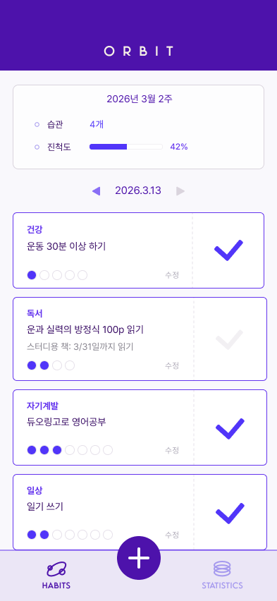 ORBIT 홈 화면 — 습관별 주간 진척도 도트 표시